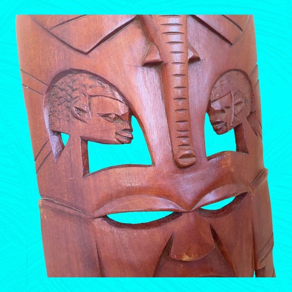 African Wooden Hand Carved Mask Humans And Elephant Carvings 16” Vtg - Picture 3 of 11